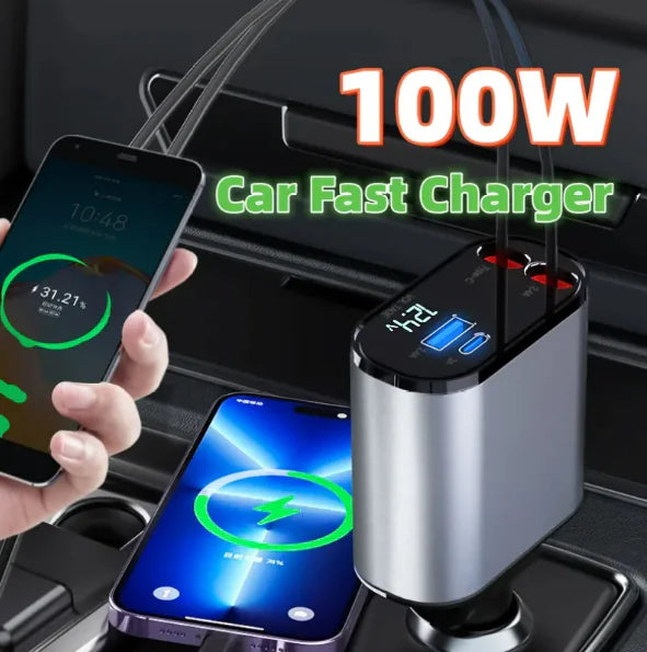 100W Metal Car Charger with Fast Charging USB Type-C And Lightning Ports