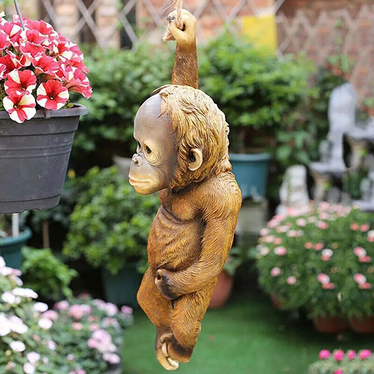 Monkey Chimp Hanging Rope Garden Ornament Outdoor Statue Sculpture Resin Decor