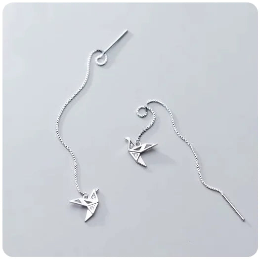 MloveAcc 925 Sterling Silver Fine Jewelry Origami Paper Crane Dangle Earrings Line for Women Girls Fashion Jewelry Gift