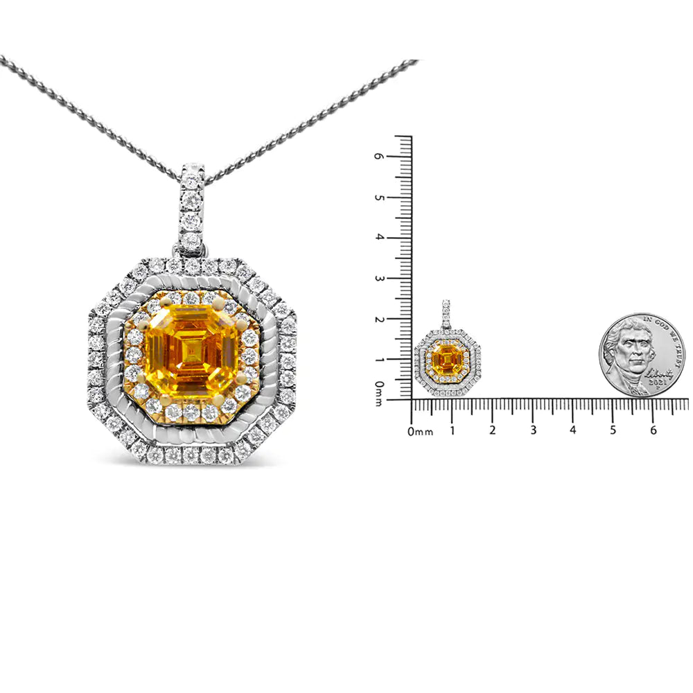 18K White and Yellow Gold 2 1/4 Cttw Lab Grown Yellow Asscher Cut Diamond Art Deco Style Halo 18" Pendant Necklace (Yellow/G-H Color, VS1-VS2 Clarity)