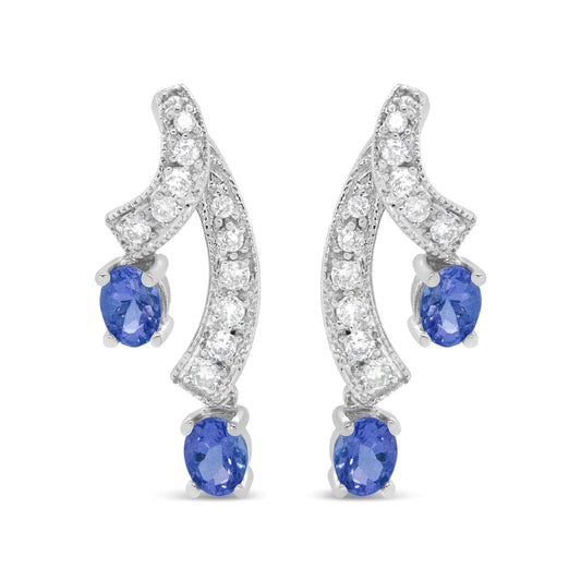 14K White Gold 4x3MM Oval Shaped Natural Blue Tanzanite Gemstone and 1/5 Cttw Diamond Double 3/4" Inch Drop Stud Earrings (H-I Color, VS1-VS2 Clarity)