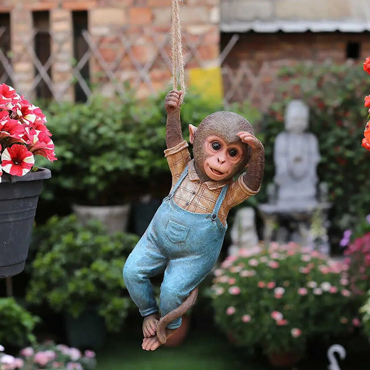 Monkey Chimp Hanging Rope Garden Ornament Outdoor Statue Sculpture Resin Decor