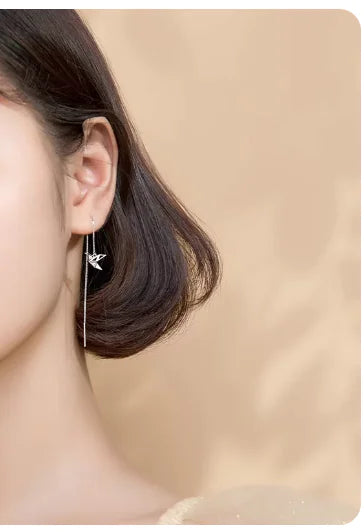 MloveAcc 925 Sterling Silver Fine Jewelry Origami Paper Crane Dangle Earrings Line for Women Girls Fashion Jewelry Gift