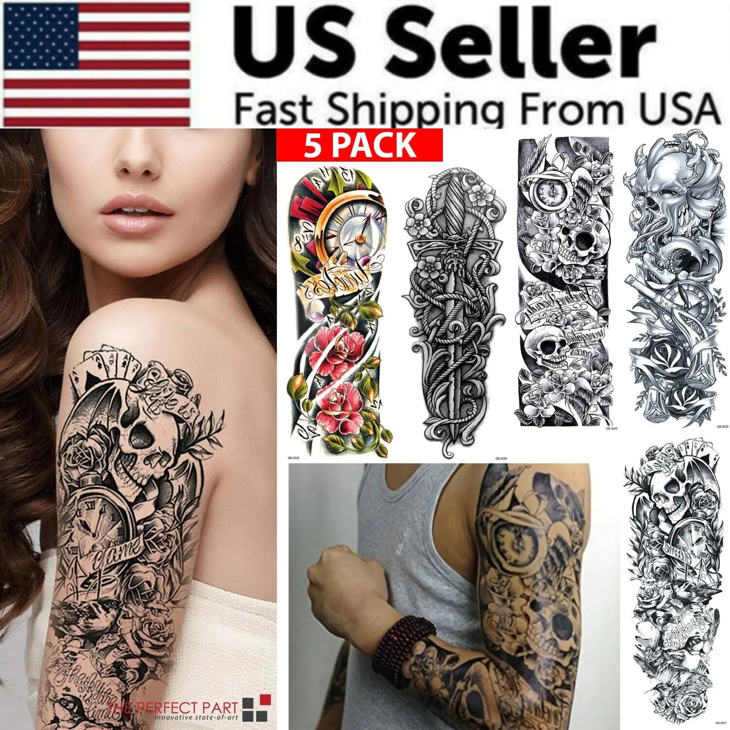 5Pcs Large Temporary Body Art Arm Tattoo Sticker Sleeve Man Women Waterproof USA