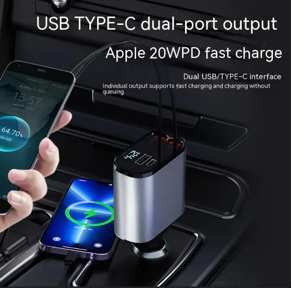 100W Metal Car Charger with Fast Charging USB Type-C And Lightning Ports