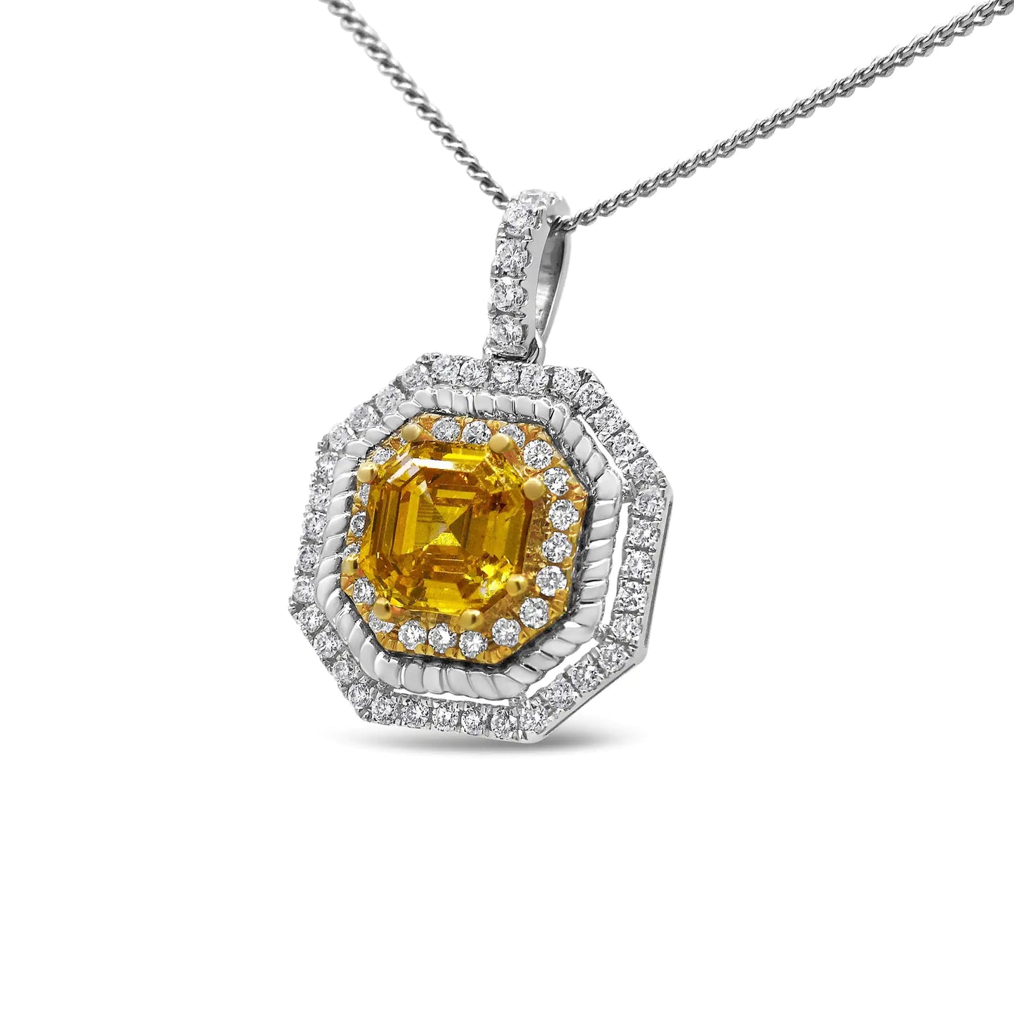 18K White and Yellow Gold 2 1/4 Cttw Lab Grown Yellow Asscher Cut Diamond Art Deco Style Halo 18" Pendant Necklace (Yellow/G-H Color, VS1-VS2 Clarity)