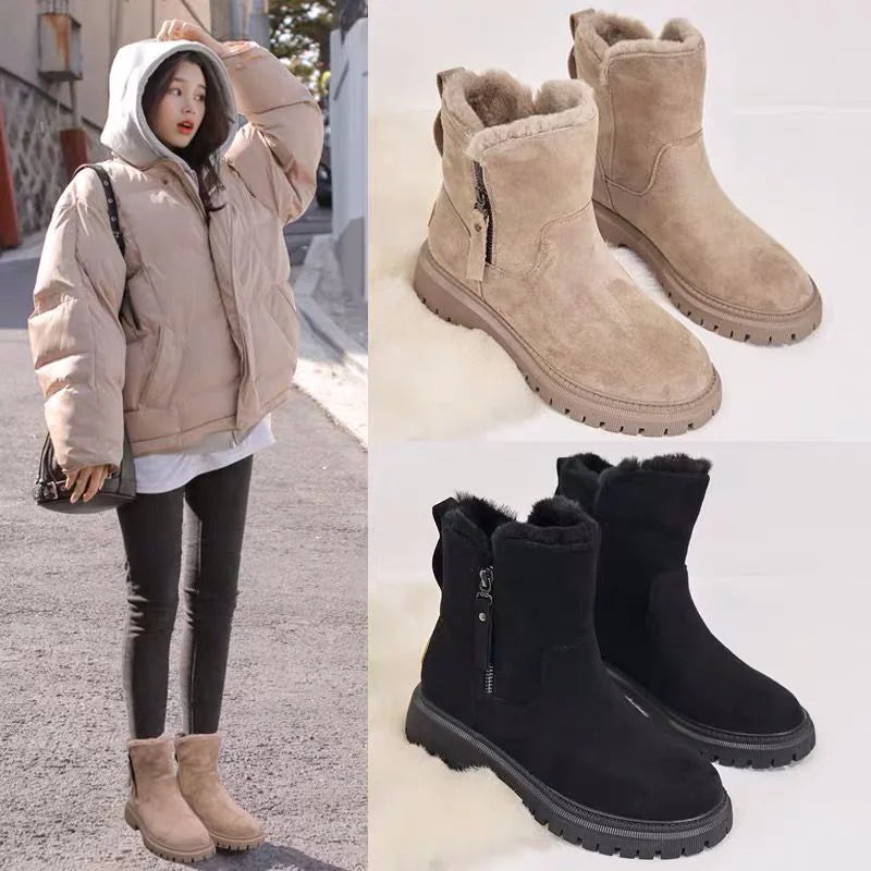 Warm Cotton Leather And Fur Integrated Winter Women's Boots