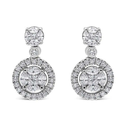 18K White Gold 2.0 Cttw Round Shape Diamond Composite Halo Dangle Stud Earring (F-G Color, VS1-VS2 Clarity)