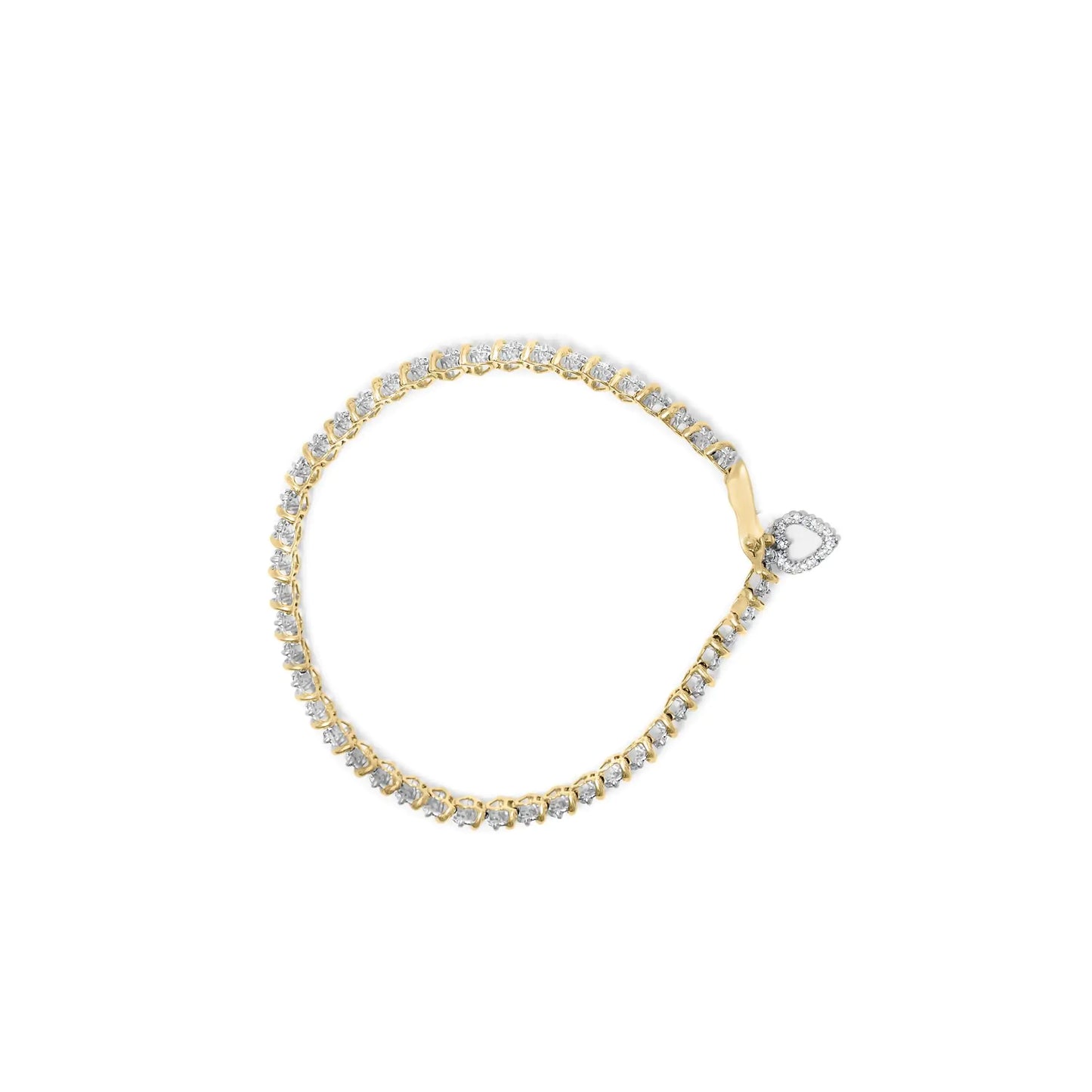 10K Yellow Gold 2.0 Cttw Diamond 2 Row Link and Heart Charm 7" Link Bracelet (I-J Color, I3 Clarity)