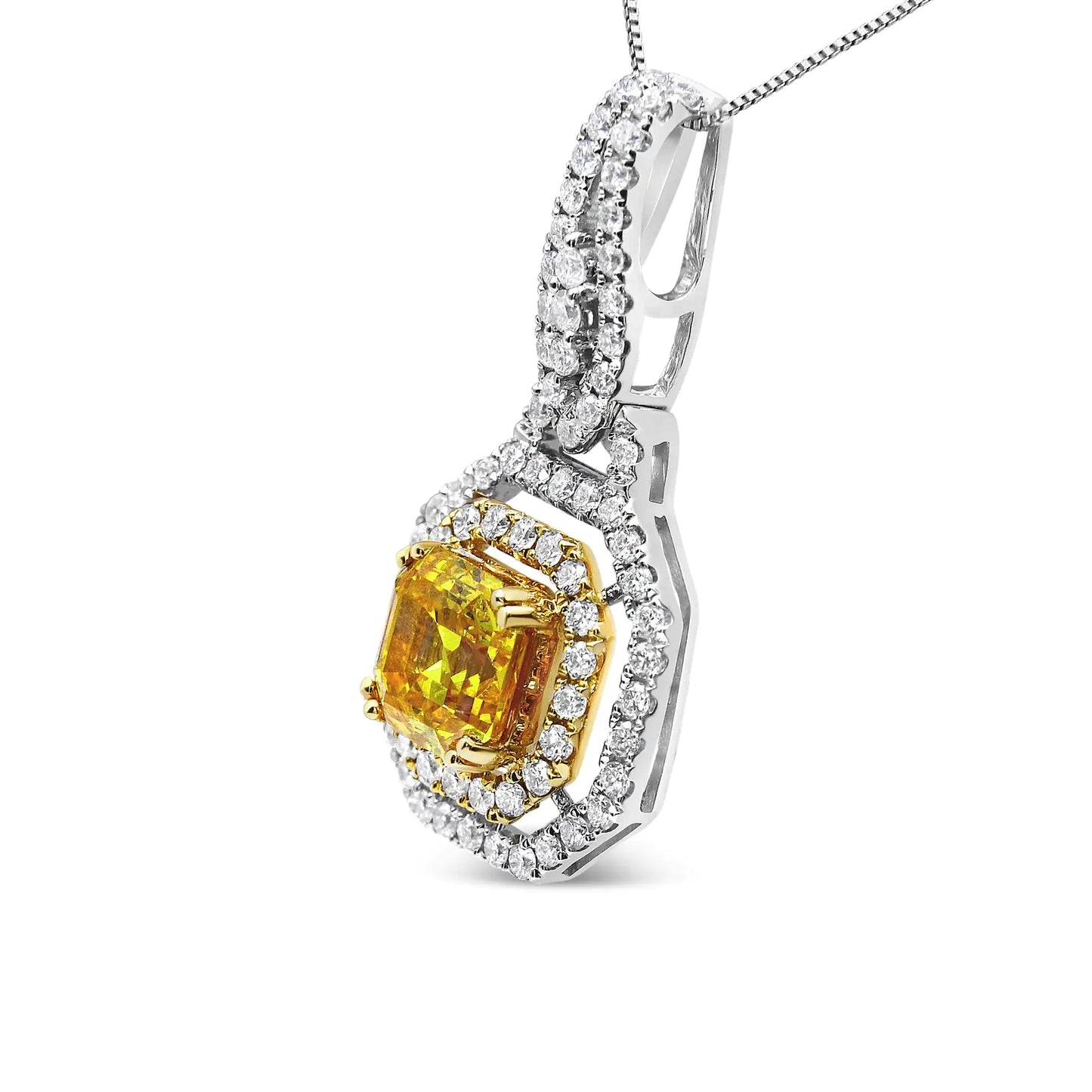 18K White and Yellow Gold 2 3/5 Cttw Lab Grown Yellow Asscher Diamond Double Framed Halo 18" Pendant Necklace (Yellow/G-H Color, VS1-VS2 Clarity)