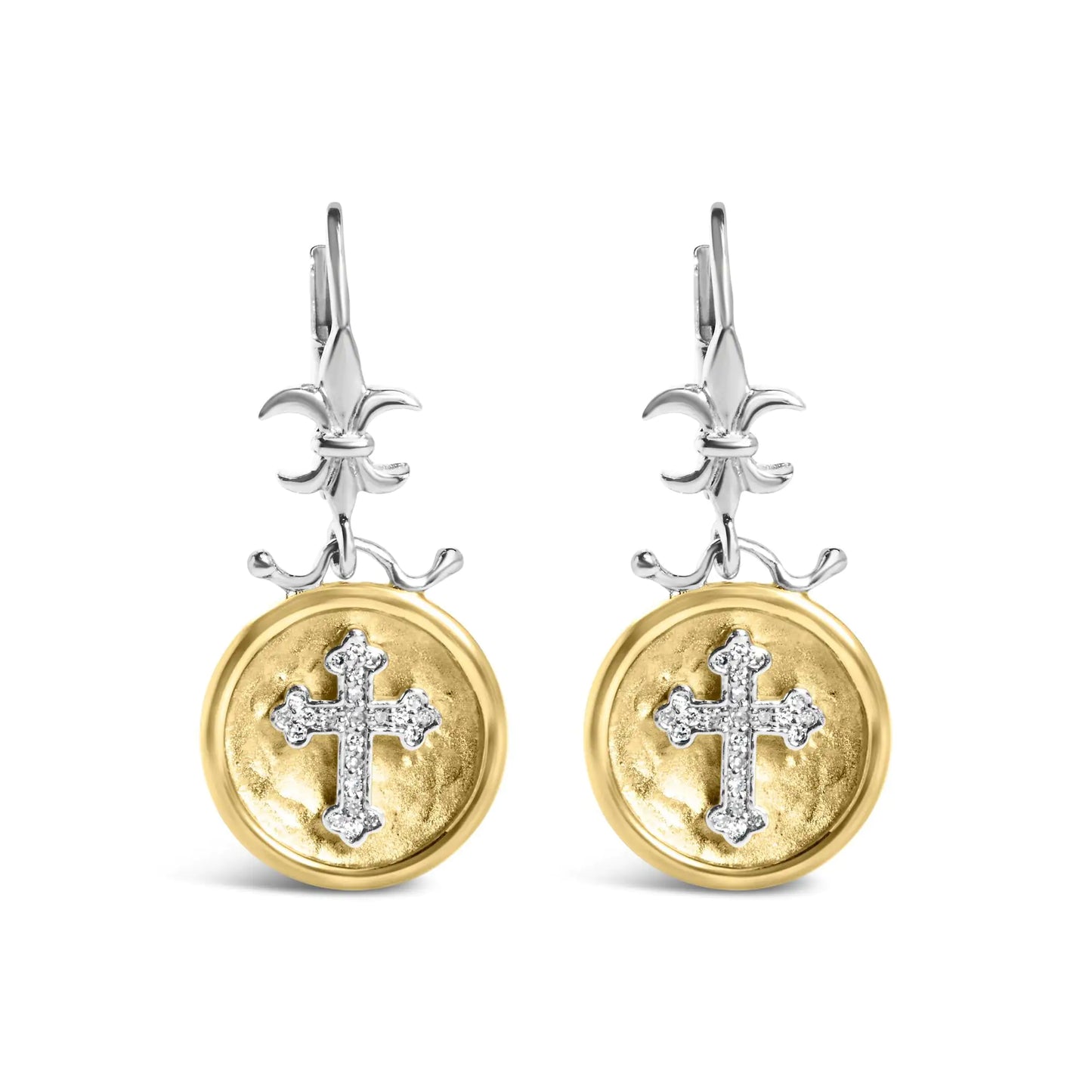 18K Yellow Gold Plated .925 Sterling Silver 1/8 Cttw Diamond Hammered Finished Medallion with Cross Drop and Dangle Earrings (I-J Color, SI1-SI2 Clarity)