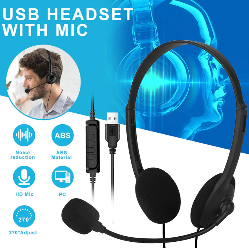 USB Headset Headphone With Microphone Noise Cancelling For PC Computer Call Chat