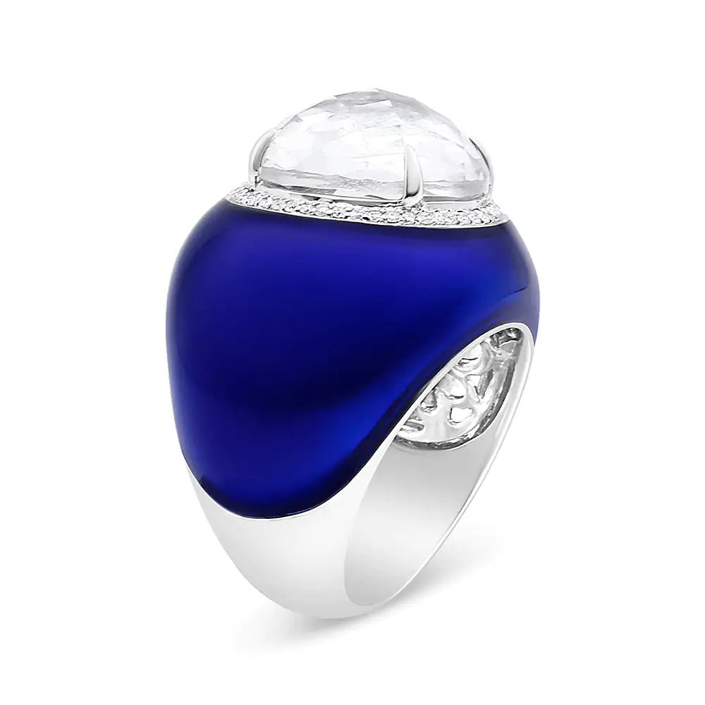 18K White Gold 14mm White Quartz and 1/5 Cttw Diamond Halo with Blue Enamel Dome Ring (F-G Color, VS1-VS2 Clarity)