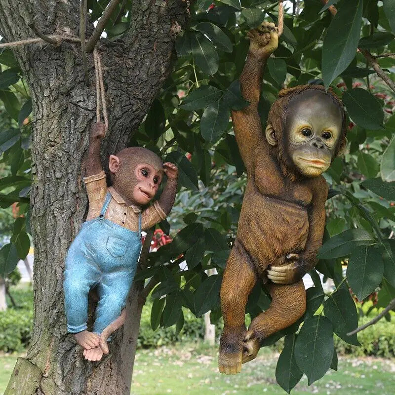 Monkey Chimp Hanging Rope Garden Ornament Outdoor Statue Sculpture Resin Decor