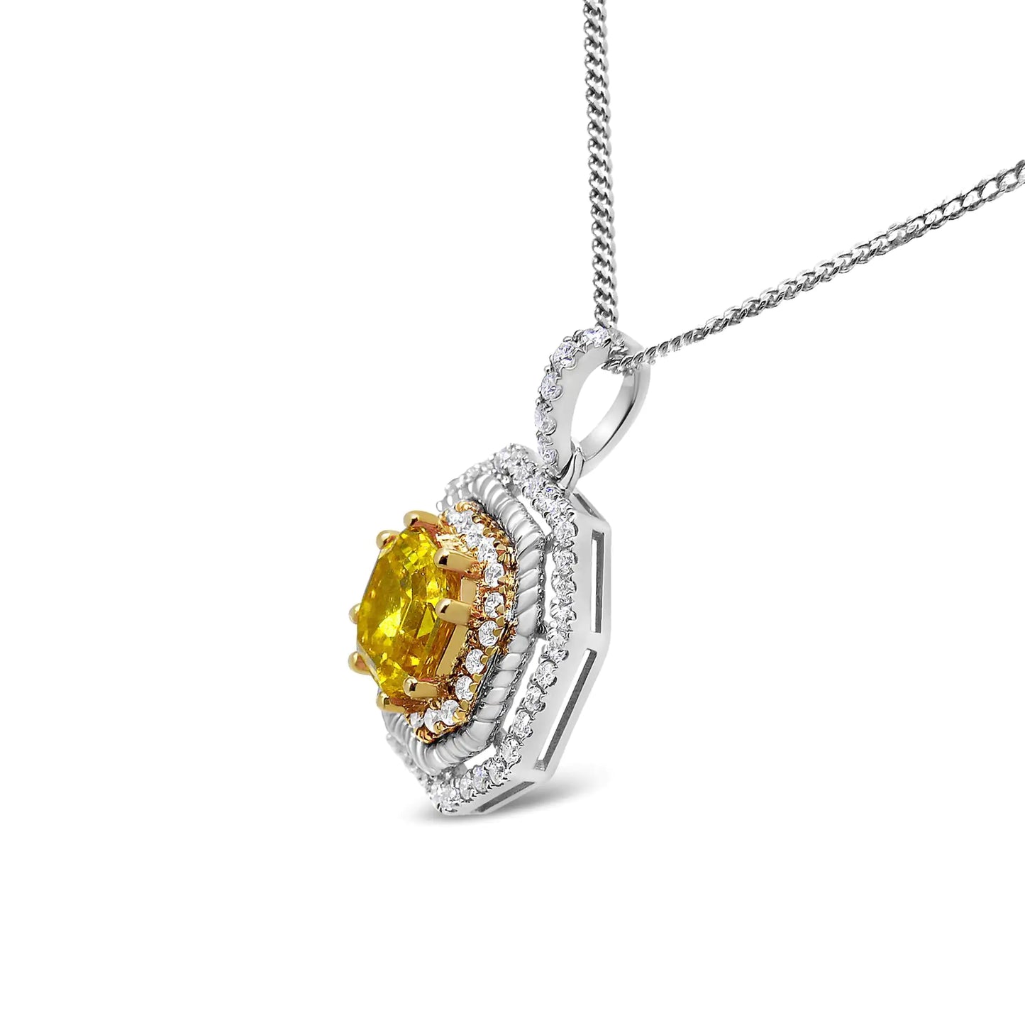 18K White and Yellow Gold 2 1/4 Cttw Lab Grown Yellow Asscher Cut Diamond Art Deco Style Halo 18" Pendant Necklace (Yellow/G-H Color, VS1-VS2 Clarity)