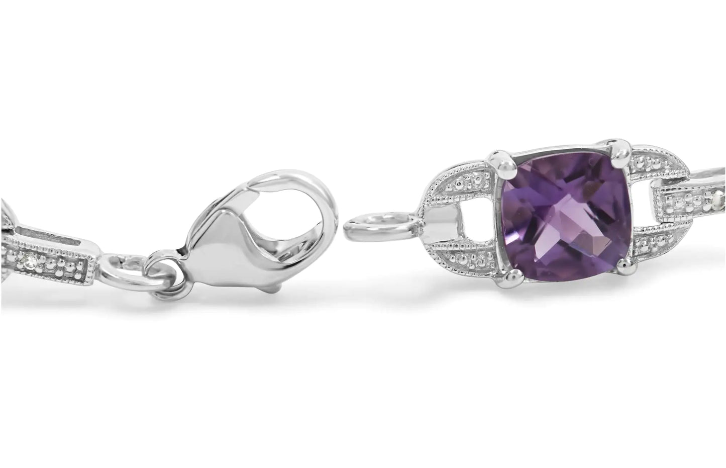 .925 Sterling Silver 7mm Cushion Cut Amethyst Gemstone and Diamond Tennis Link Bracelet (I-J Color, I1-I2 Clarity) - Size 7"