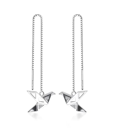 MloveAcc 925 Sterling Silver Fine Jewelry Origami Paper Crane Dangle Earrings Line for Women Girls Fashion Jewelry Gift