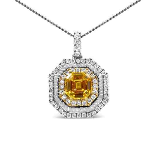 18K White and Yellow Gold 2 1/4 Cttw Lab Grown Yellow Asscher Cut Diamond Art Deco Style Halo 18" Pendant Necklace (Yellow/G-H Color, VS1-VS2 Clarity)