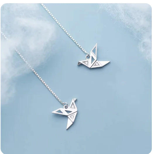 MloveAcc 925 Sterling Silver Fine Jewelry Origami Paper Crane Dangle Earrings Line for Women Girls Fashion Jewelry Gift