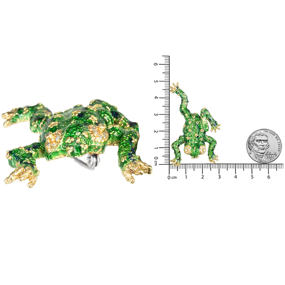 18K Yellow Gold 1/6 Cttw Diamond Green Frog Enamel Floral Brooch Pin (H-I Color, VS2-SI1 Clarity)